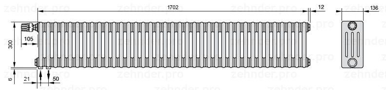 Схема (чертеж) Радиатор Zehnder Charleston 4030/37 №V001 Белый глянцевый RAL 9016